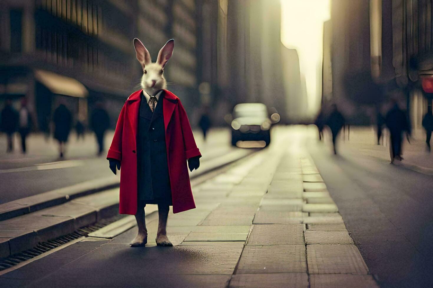 a rabbit wearing a red coat and standing on a city street. AI-Generated photo