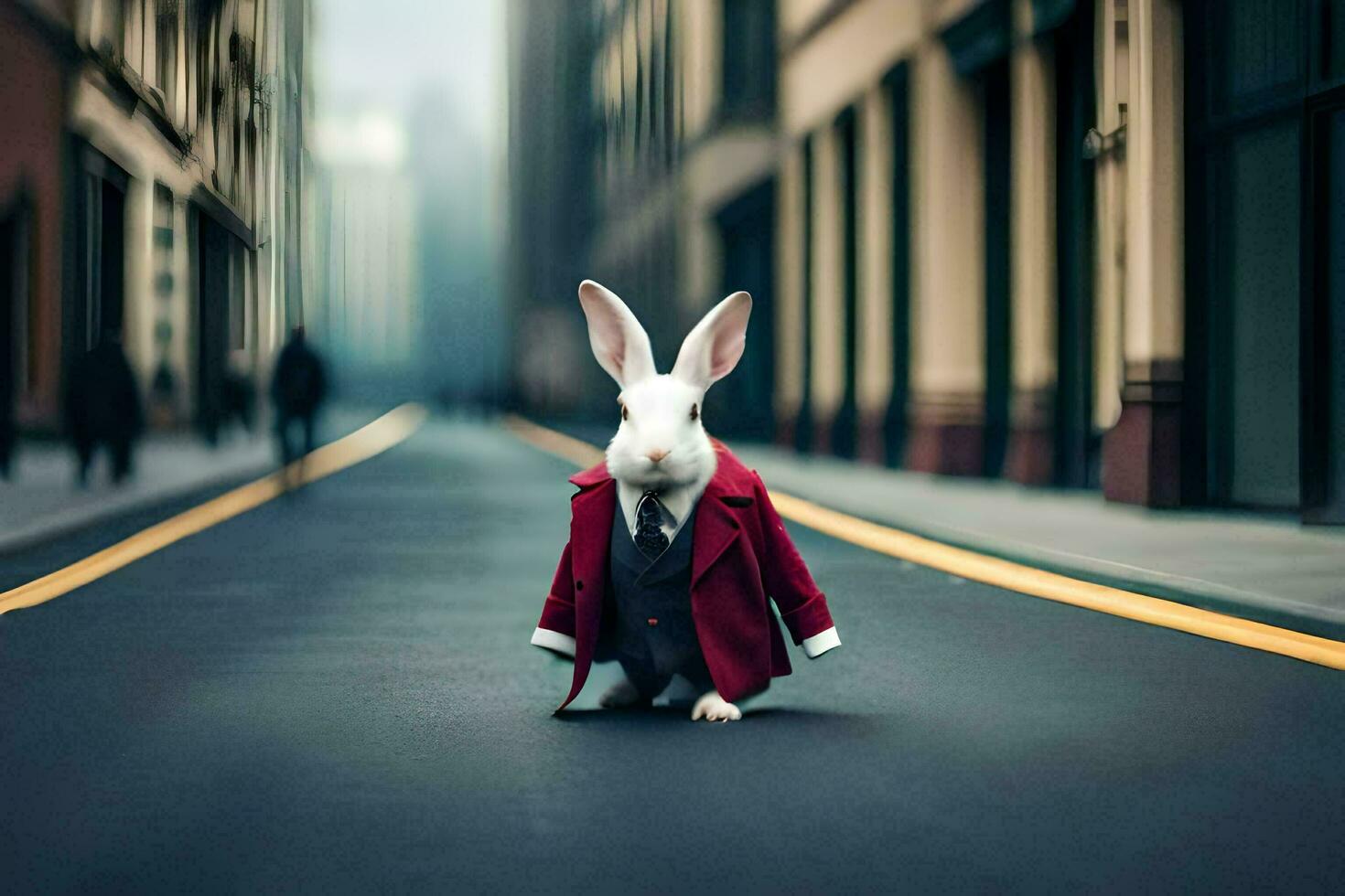 a rabbit wearing a red coat and tie on the street. AI-Generated photo