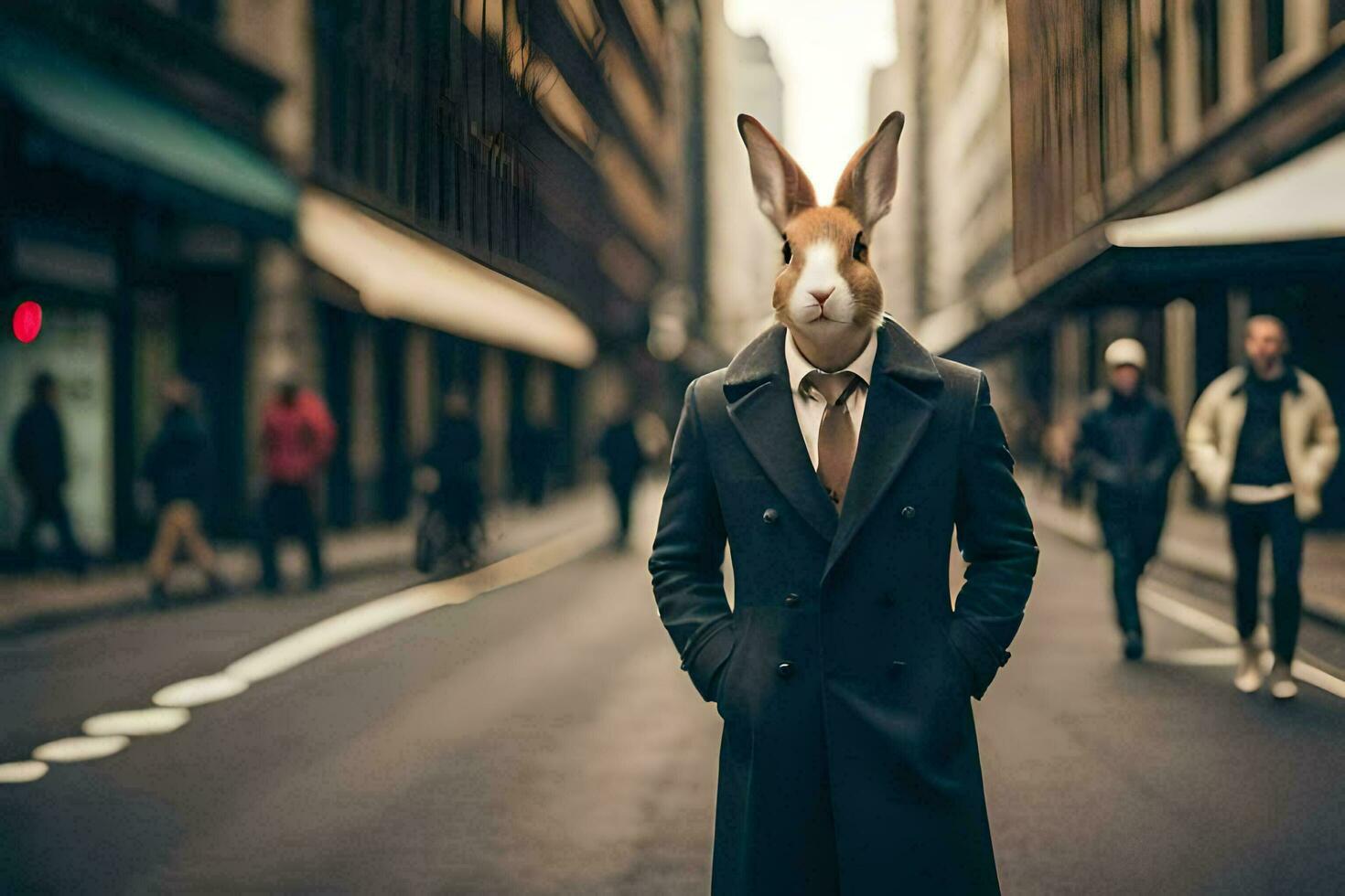 a rabbit wearing a suit and tie on the street. AI-Generated photo