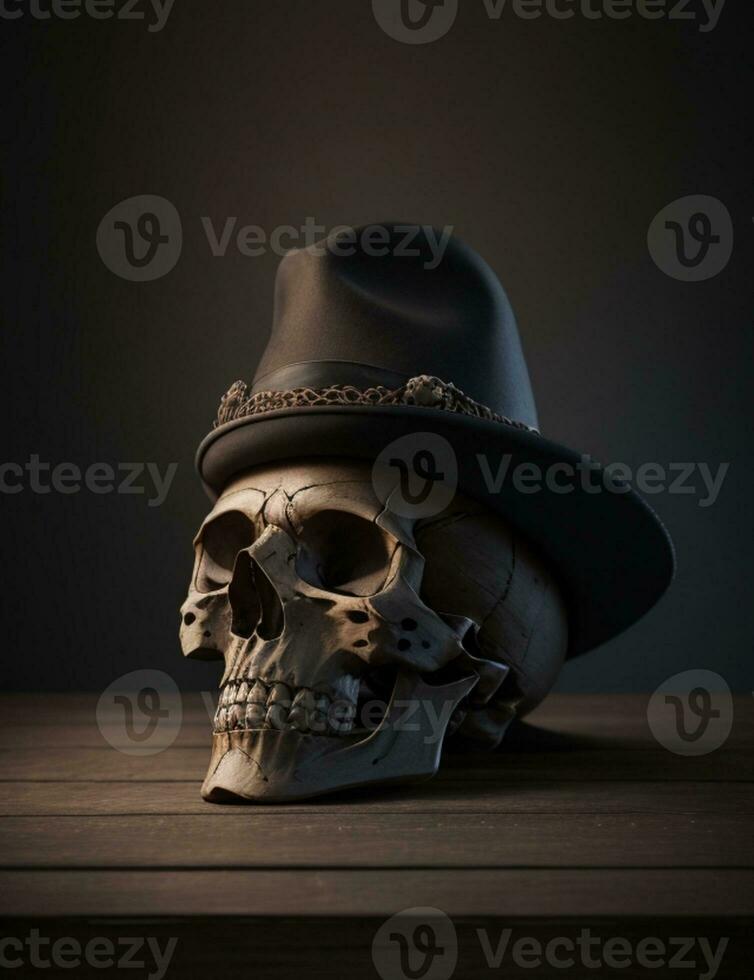 Human skull on wooden table with a hat the dark background ai generated photo