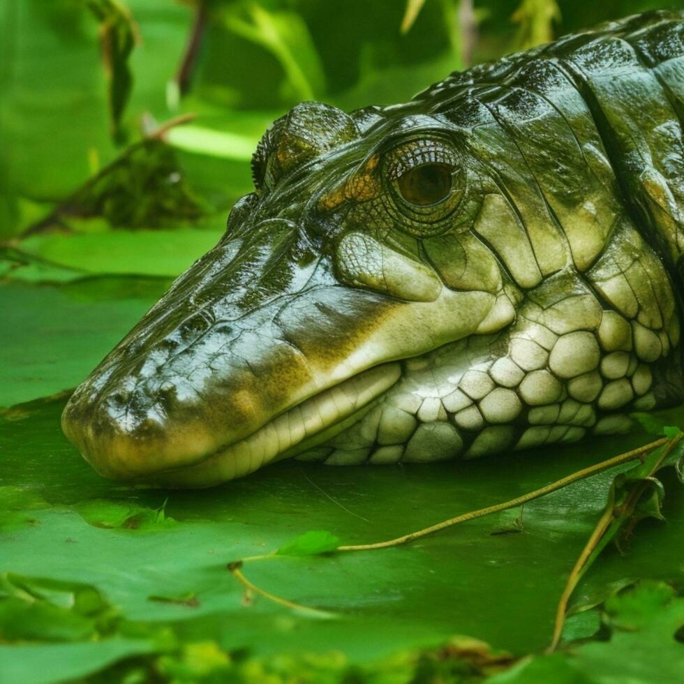 Shallow focus of a head of an alligator on green leaves in the forest generative ai photo