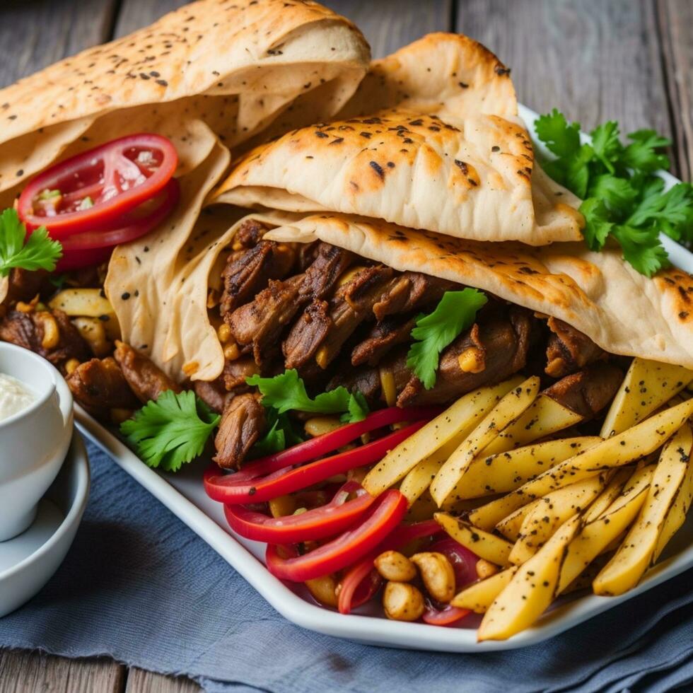 Shawarma with fried potatoes on the side in board cookware photo