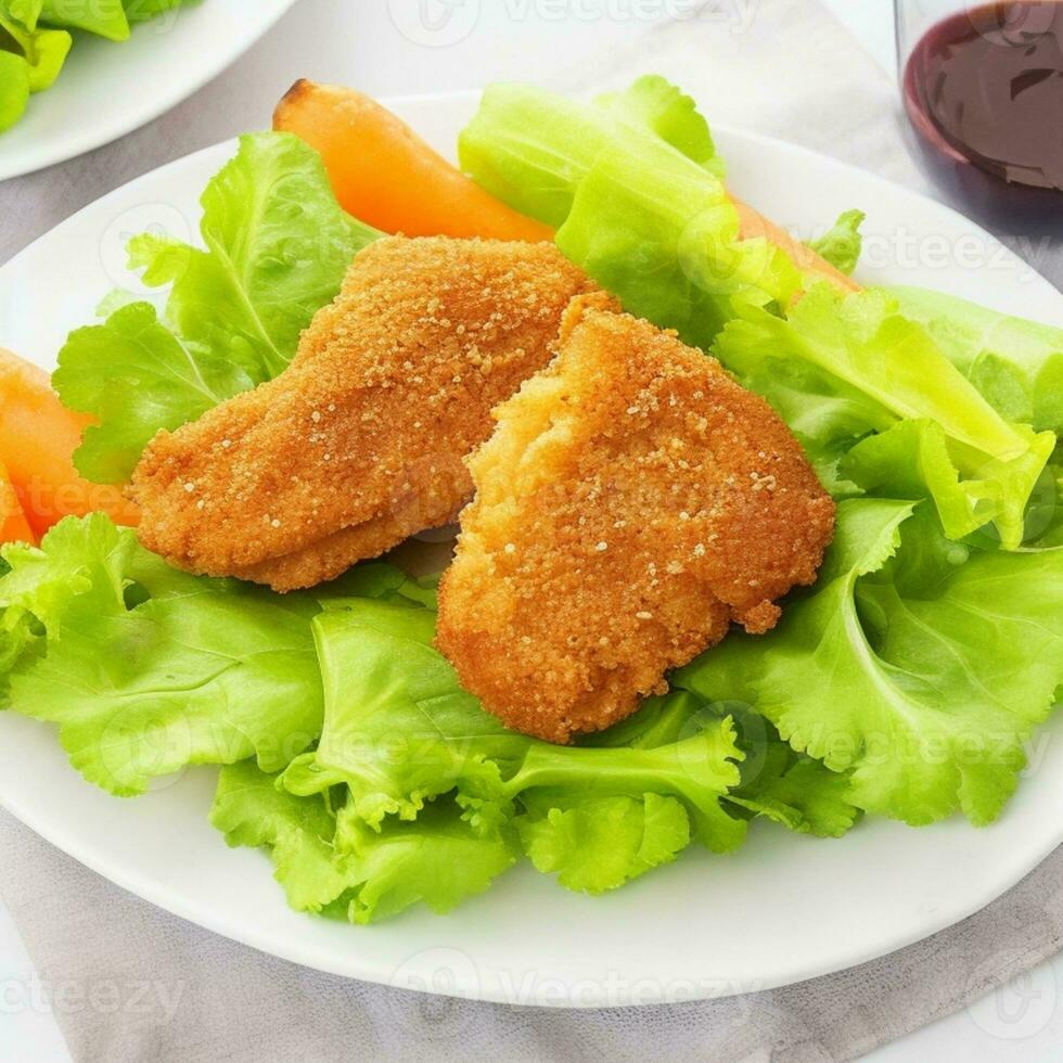 Crispy fried chicken on a plate with salad and carrot photo