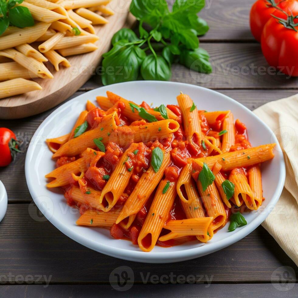 Penne pasta in tomato sauce with chicken and tomatoes on a wooden table photo