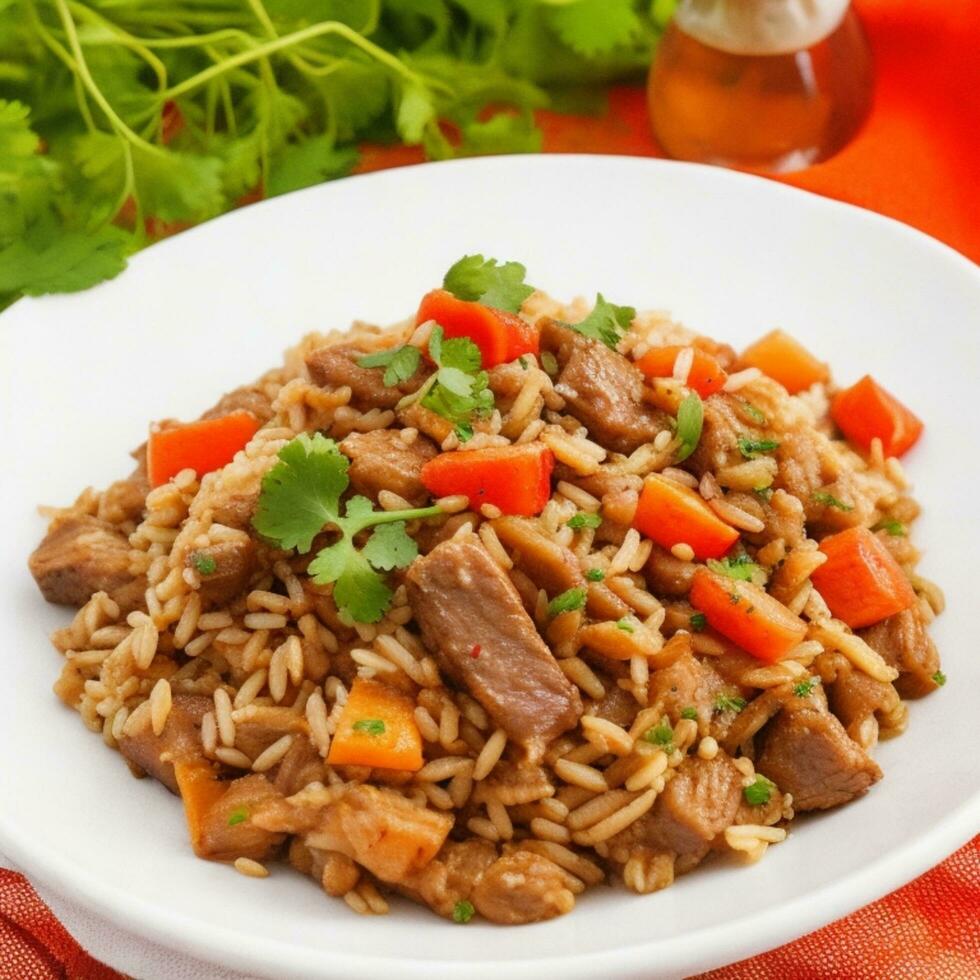 Side view pilaf with stewed beef meat on a plate photo