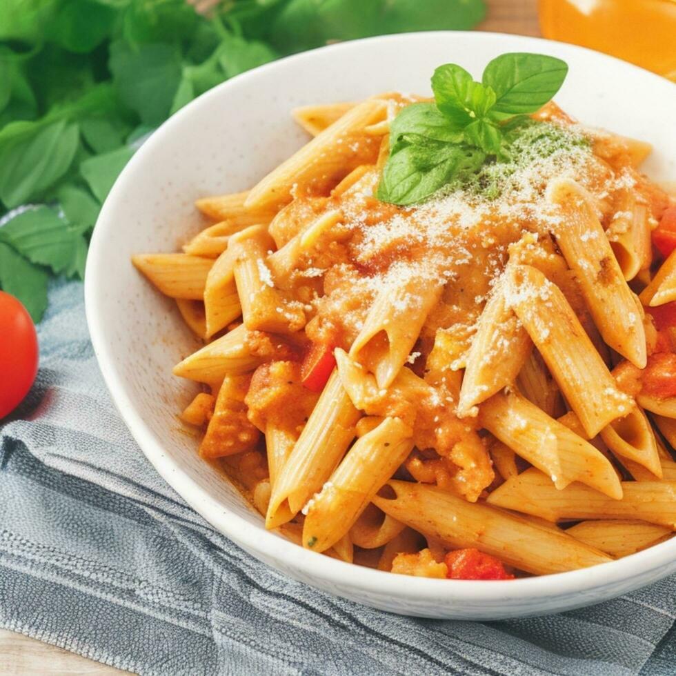 Penne pasta in tomato sauce with chicken and tomatoes on a wooden table photo