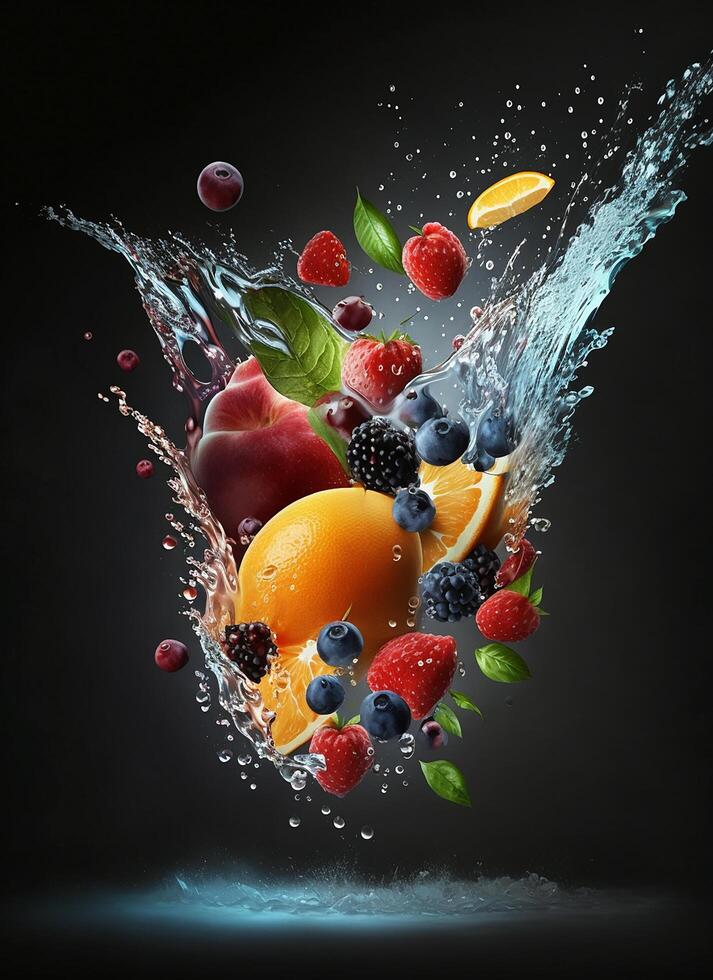 Splashing fruit on water. Fresh Fruit and Vegetables being shot as they submerged under water. Ai Generative photo