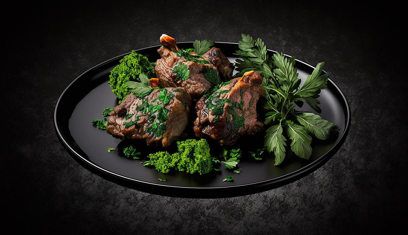 grilled beef fillet steaks with herbs and spices on dark background. photo