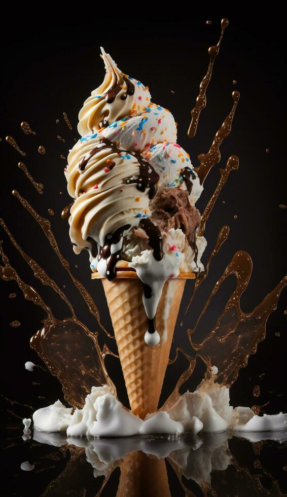 colorful flavor ice cream in cone on splash pastel background. Summer creative concept. Ai Generative photo