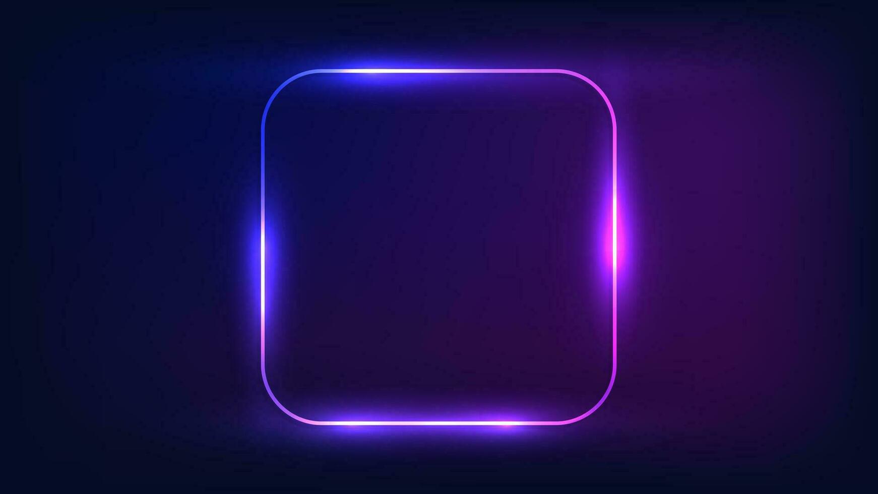 Neon rounded square frame with shining effects on dark background. Empty glowing techno backdrop. Vector illustration.