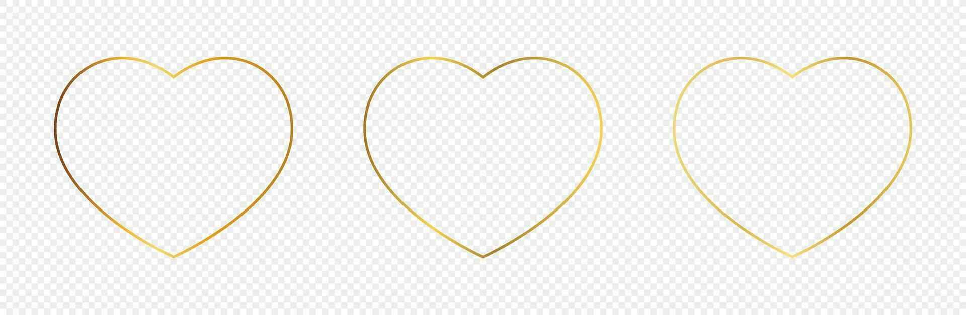 Set of three gold glowing heart shapes isolated on background. Shiny frame with glowing effects. Vector illustration.