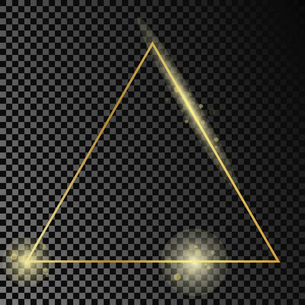 Gold glowing triangle frame isolated on dark background. Shiny frame with glowing effects. Vector illustration.