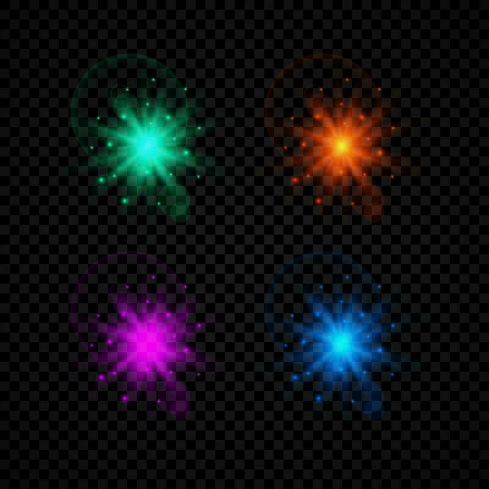 Light effect of lens flares. Set of four green, orange, purple and blue glowing lights starburst effects with sparkles on a dark background. Vector illustration