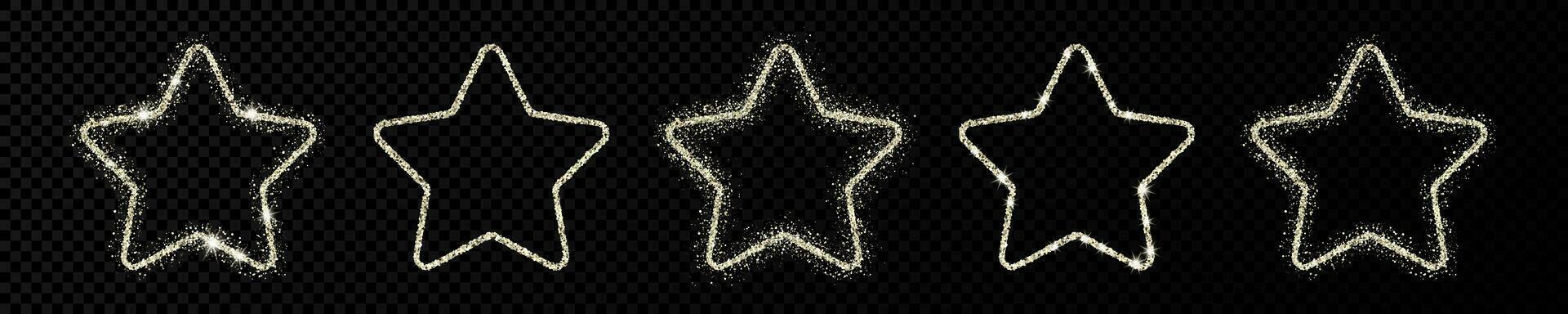 Set of five silver glitter stars with shiny sparkles on dark background. Vector illustration