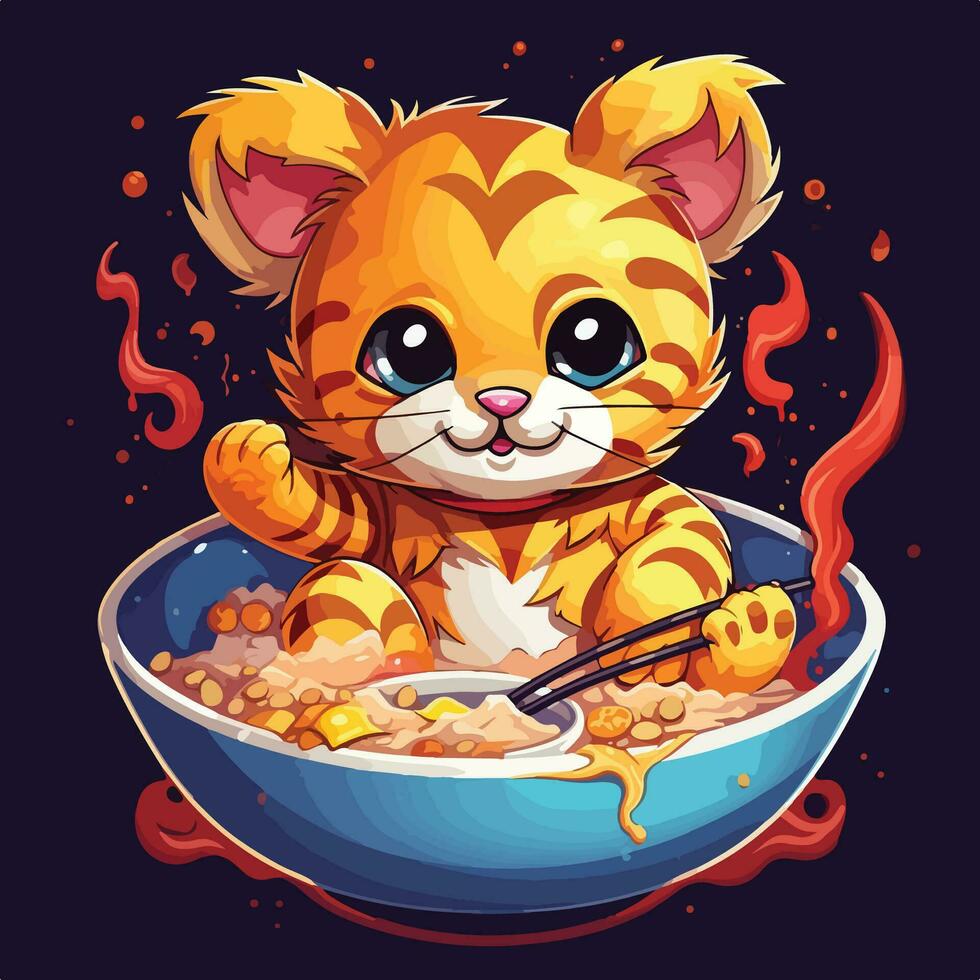 cute tiger eating spaghetti from a bowl vector