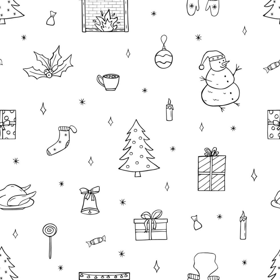 Seamless Pattern Christmas and New Year set of doodle icons. Vector Background wallpaper of cartoon hand draw elements of the symbol of Christmas.