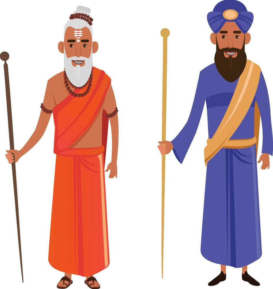 sadhu santo, hindú pandit, persona con muletas, sardar Ji, panjab gurú Ji, plano personaje diseño vector