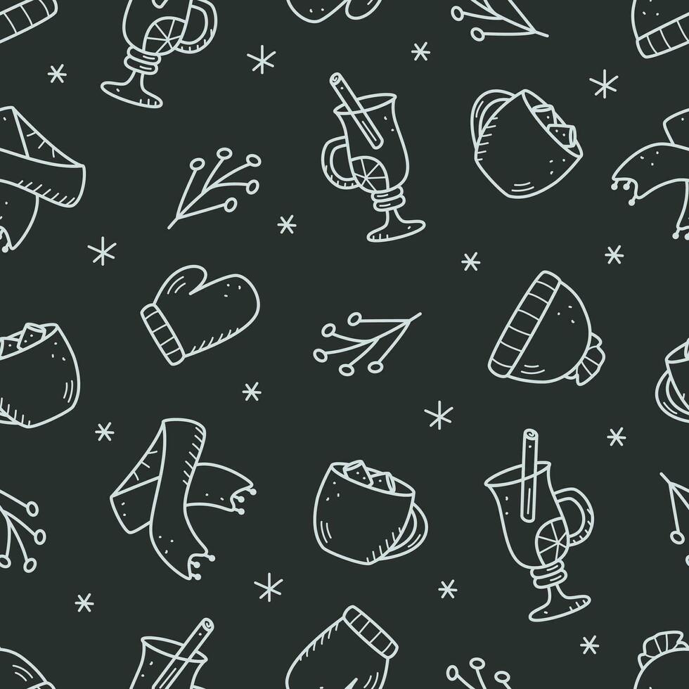 Seamless doodle pattern elements of Christmas elements hot chocolate, mulled wine, winter warm clothes, scarf and hat, mittens vector