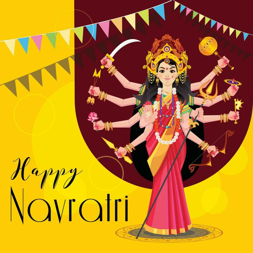 ilustración de la cara de la diosa durga para feliz navratri, pareja jugando garba y dandiya en celebración navratri y noche disco vector