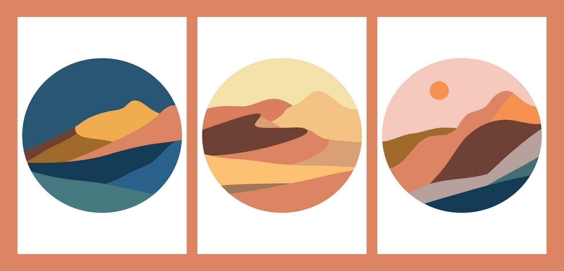 Set of Round Mountains logo. Round logo for stickers, poster logos, card. Minimalist style landscape illustrations of Mid century modern art with river, hills, wave vector