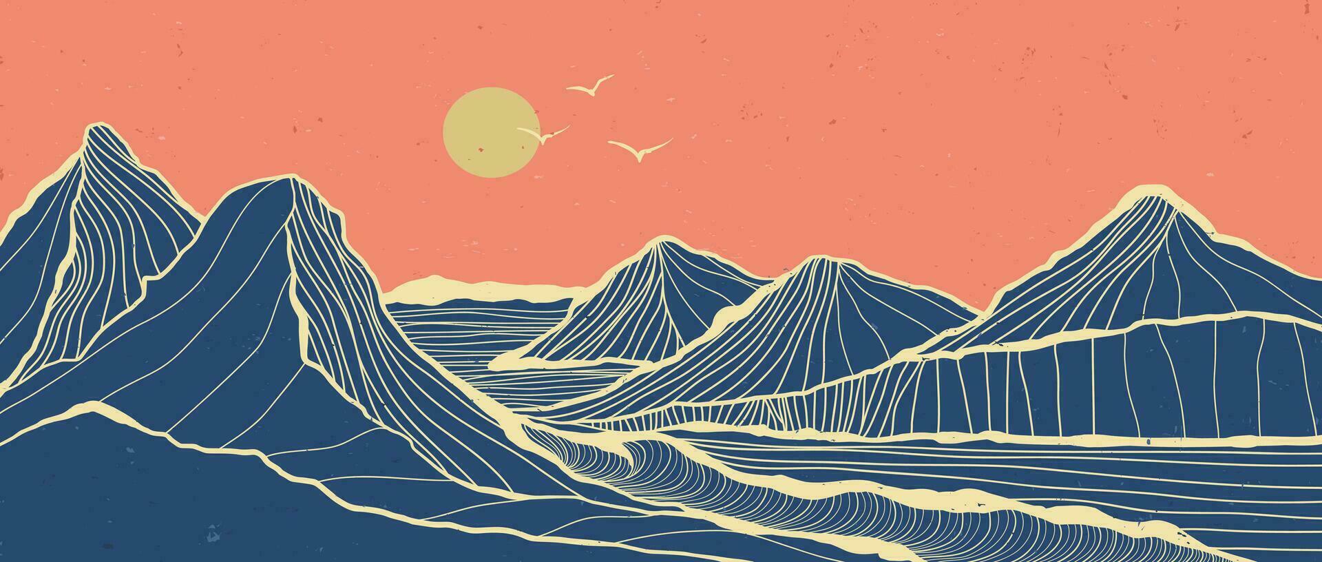 montañas y Oceano paisaje ilustración. creativo minimalista moderno línea Arte impresión. resumen contemporáneo estético antecedentes paisajes con océano, sierras, ola vector