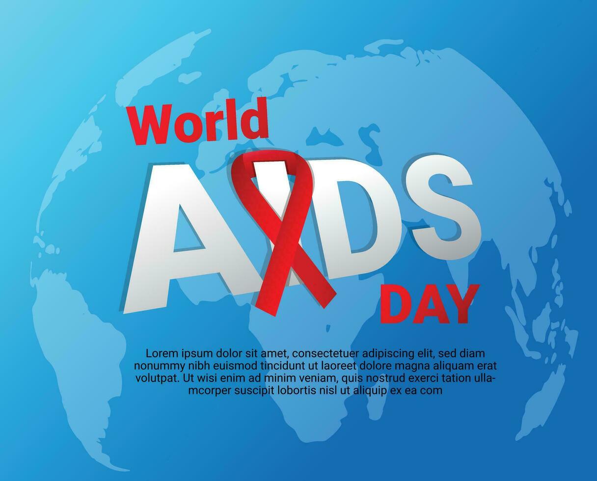 World AIDS day december 1 th. awareness red ribbon as Symbol HIV and Cancer and 3D text on blue map background. illustration vector for banner, poster and social media post.