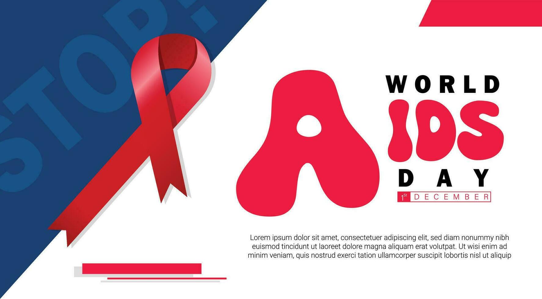 mundo SIDA día diciembre 1 s. conciencia rojo cinta como símbolo vih y cáncer y texto detener en azul y blanco antecedentes. vector para bandera, póster y social medios de comunicación correo.