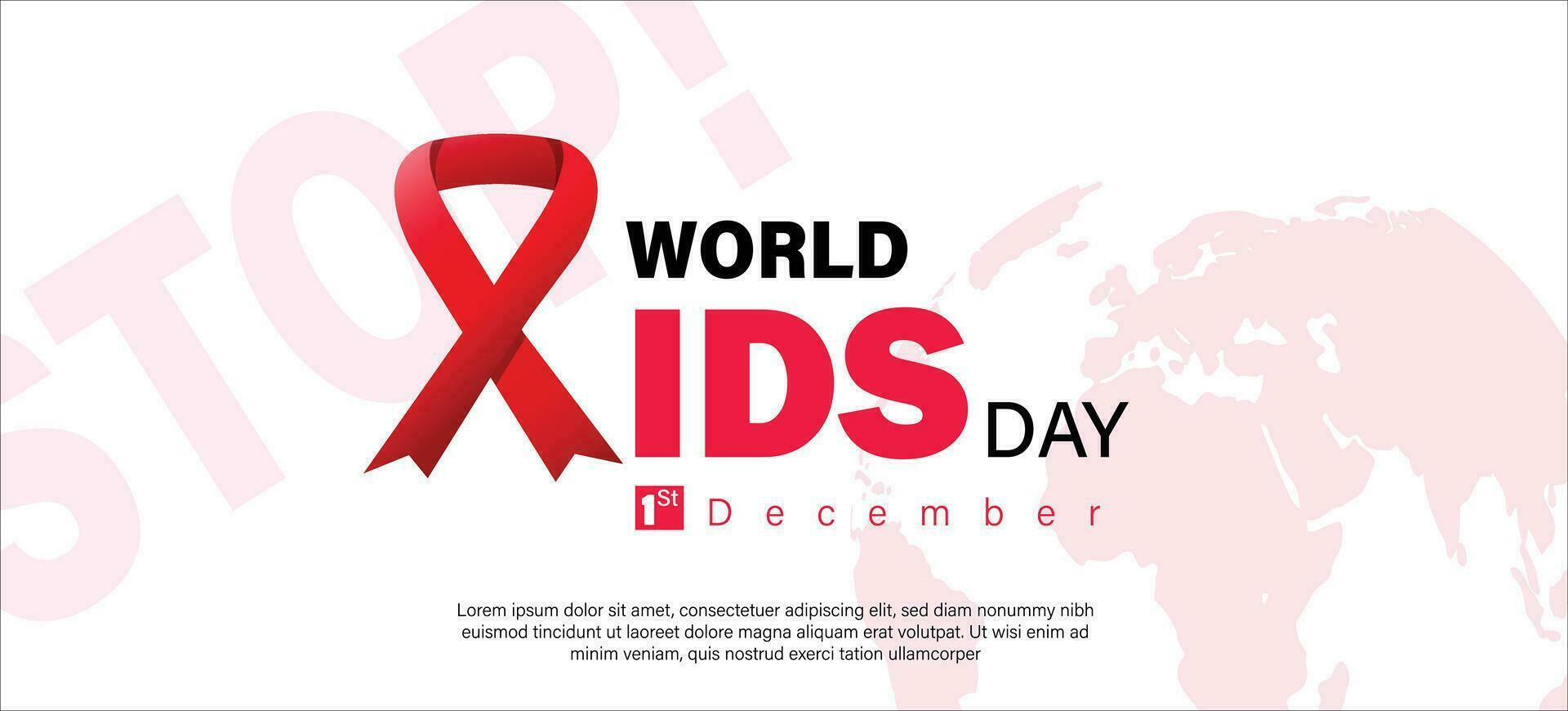 World AIDS day december 1 th. awareness red ribbon as Symbol HIV and Cancer. white background and world map, copy space concept. vector for banner, poster and social media poster