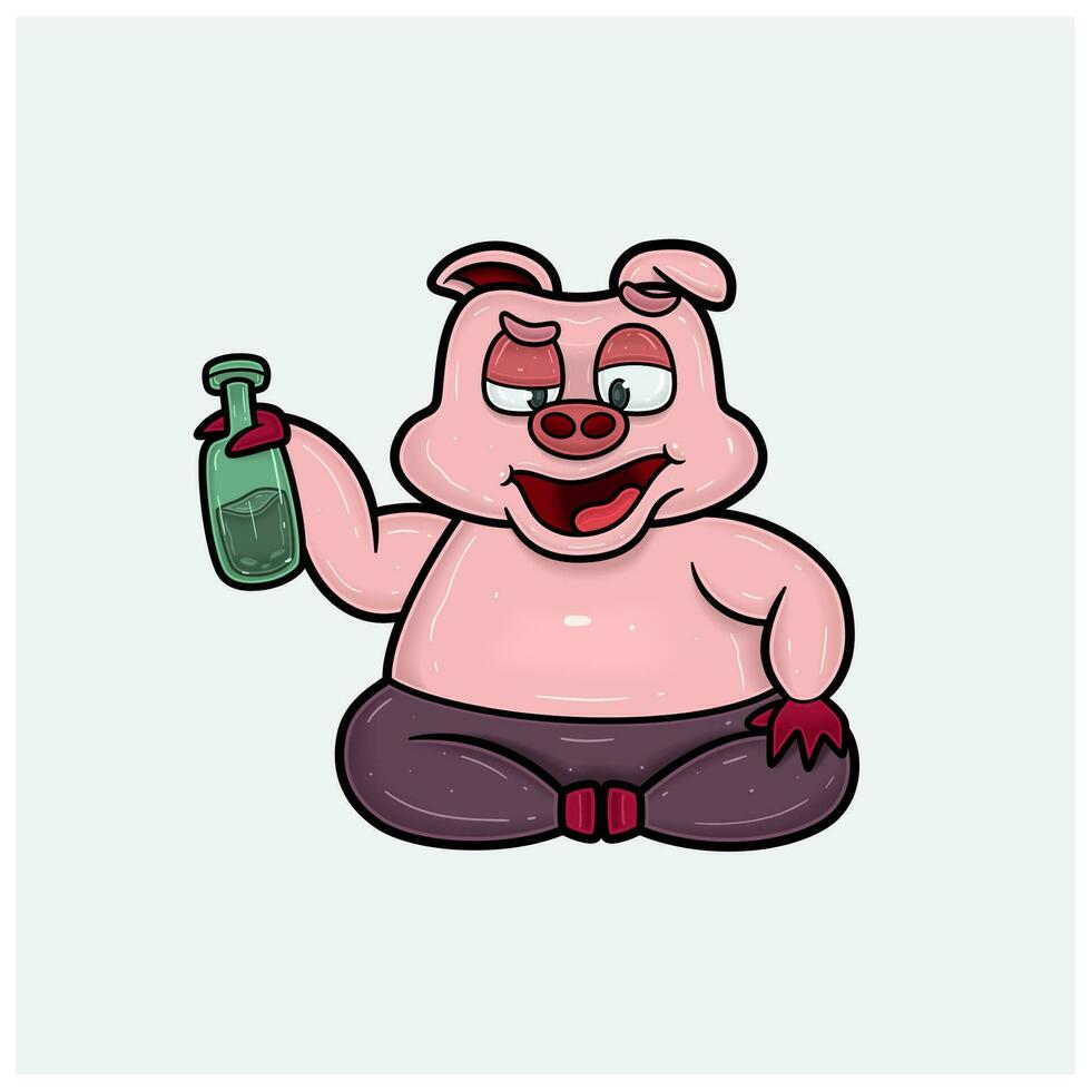 Pig Character Cartoon With Sitting, So High and Holding Bottle. vector