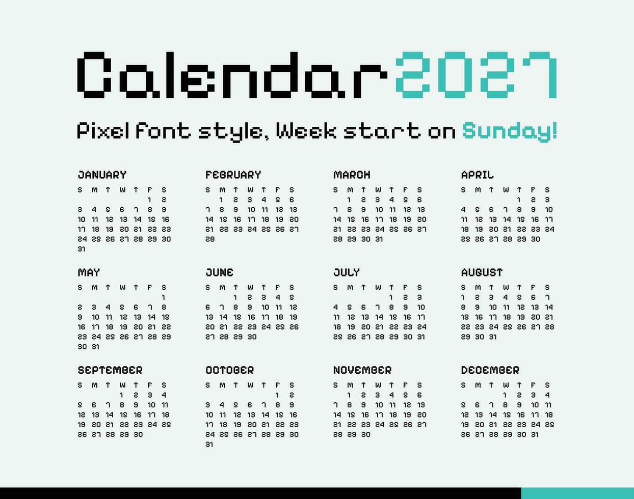 Calendar 2027, Minimal style, Week start on sunday. vector