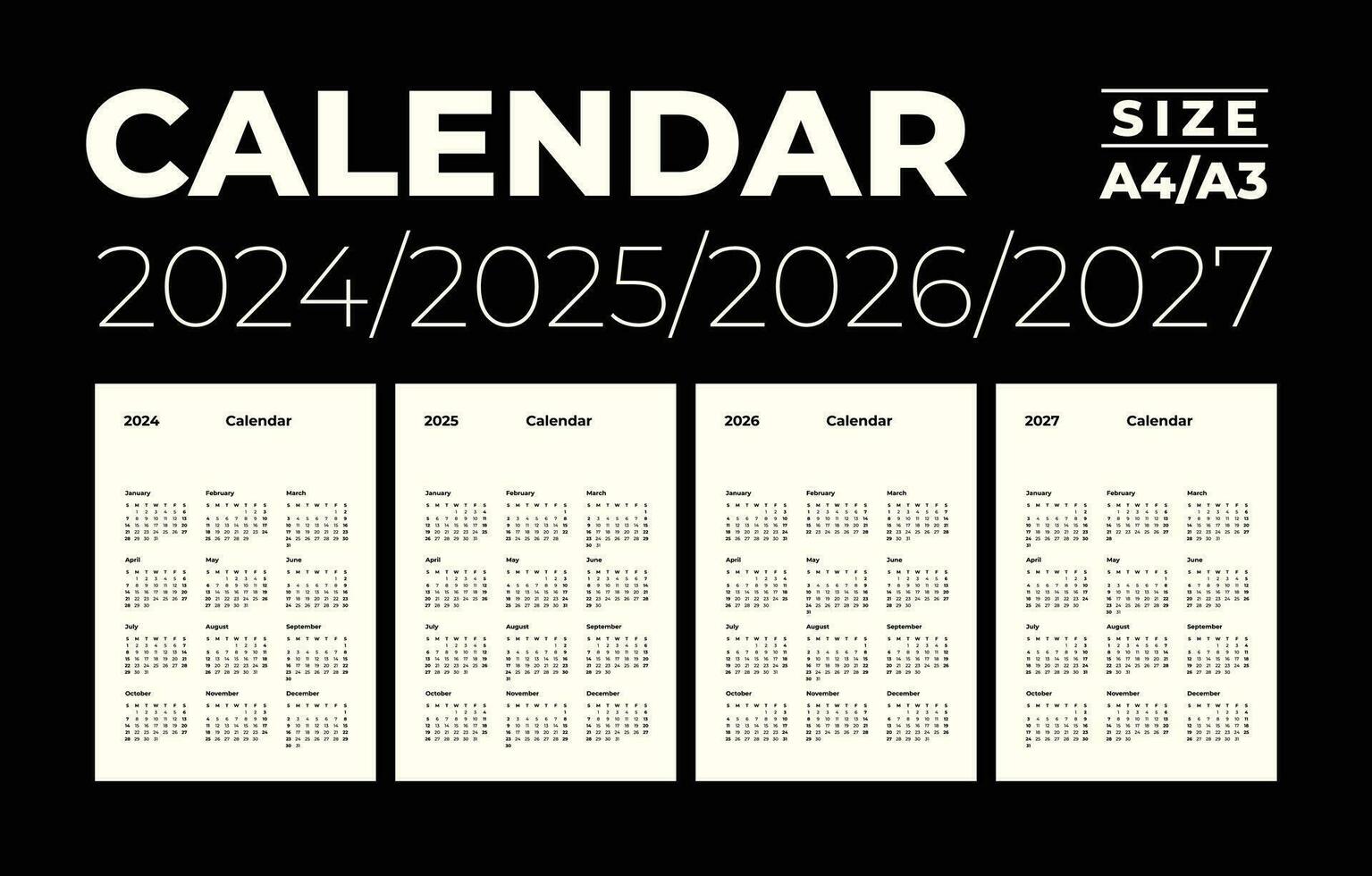 Modern monthly calendar and note for 2024, 2025, 2026, 2027, the week starts on Sunday, A4-A3 size. vector