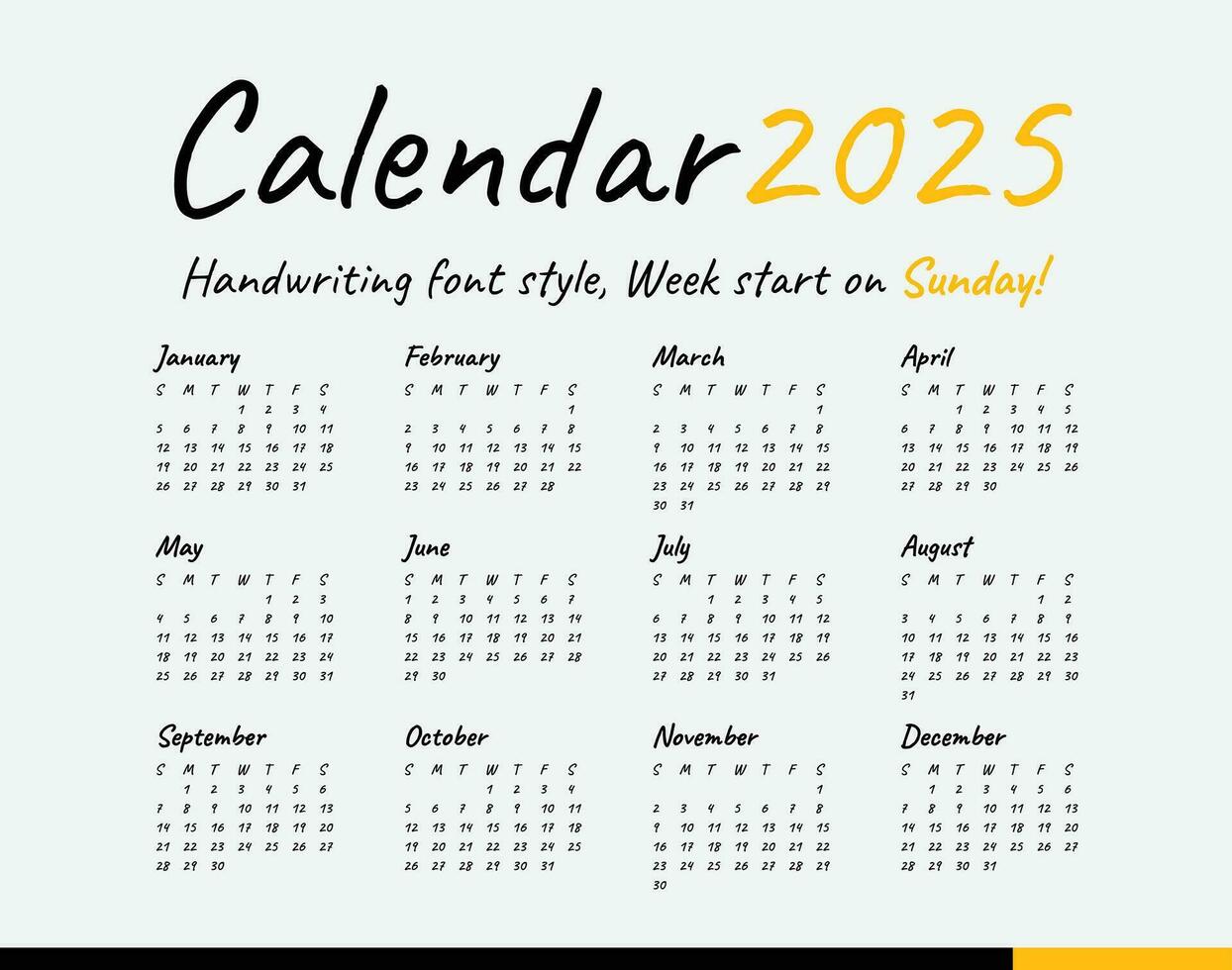 calendario 2025, escritura, mínimo estilo, semana comienzo en domingo. vector