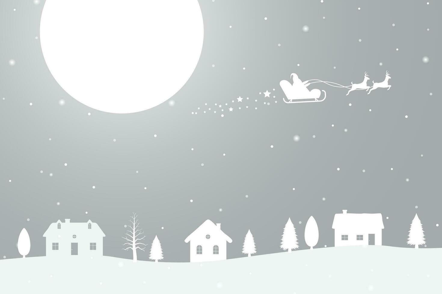 Merry Christmas and Happy New Years in background with reindeer and Santa Claus flying above at night vector
