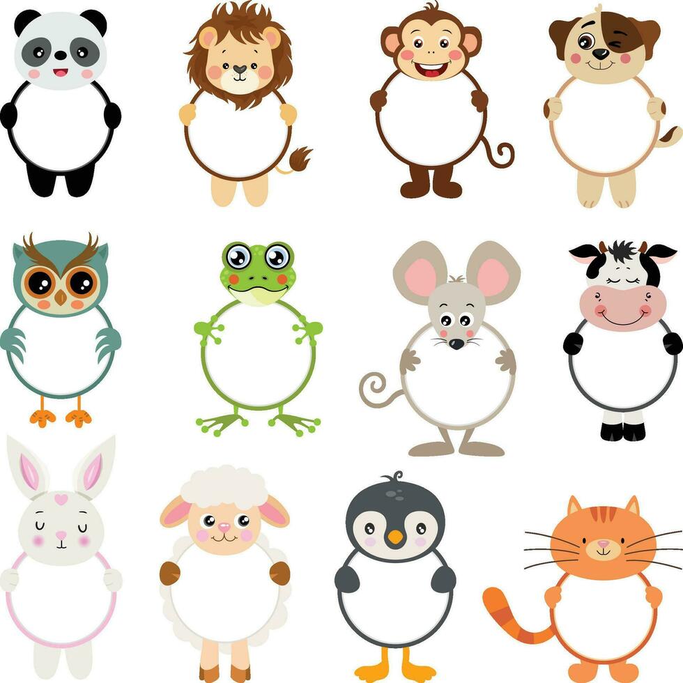 Set of funny animals round frame vector