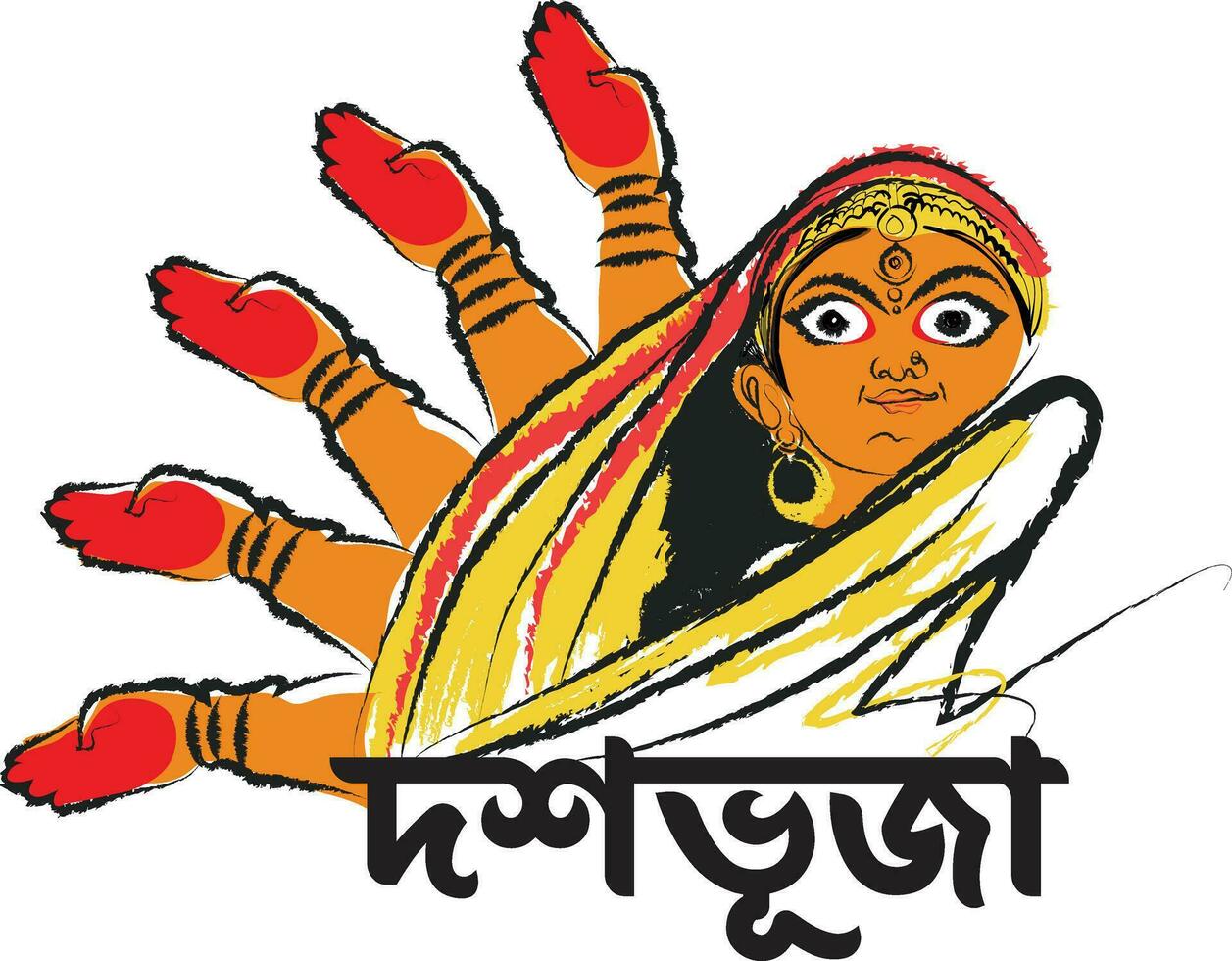 Goddess Durga Durga Puja is the most important worldwide Hindu festival for Bengali  written in the Bengali language Dashabhuja meaning decagon vector