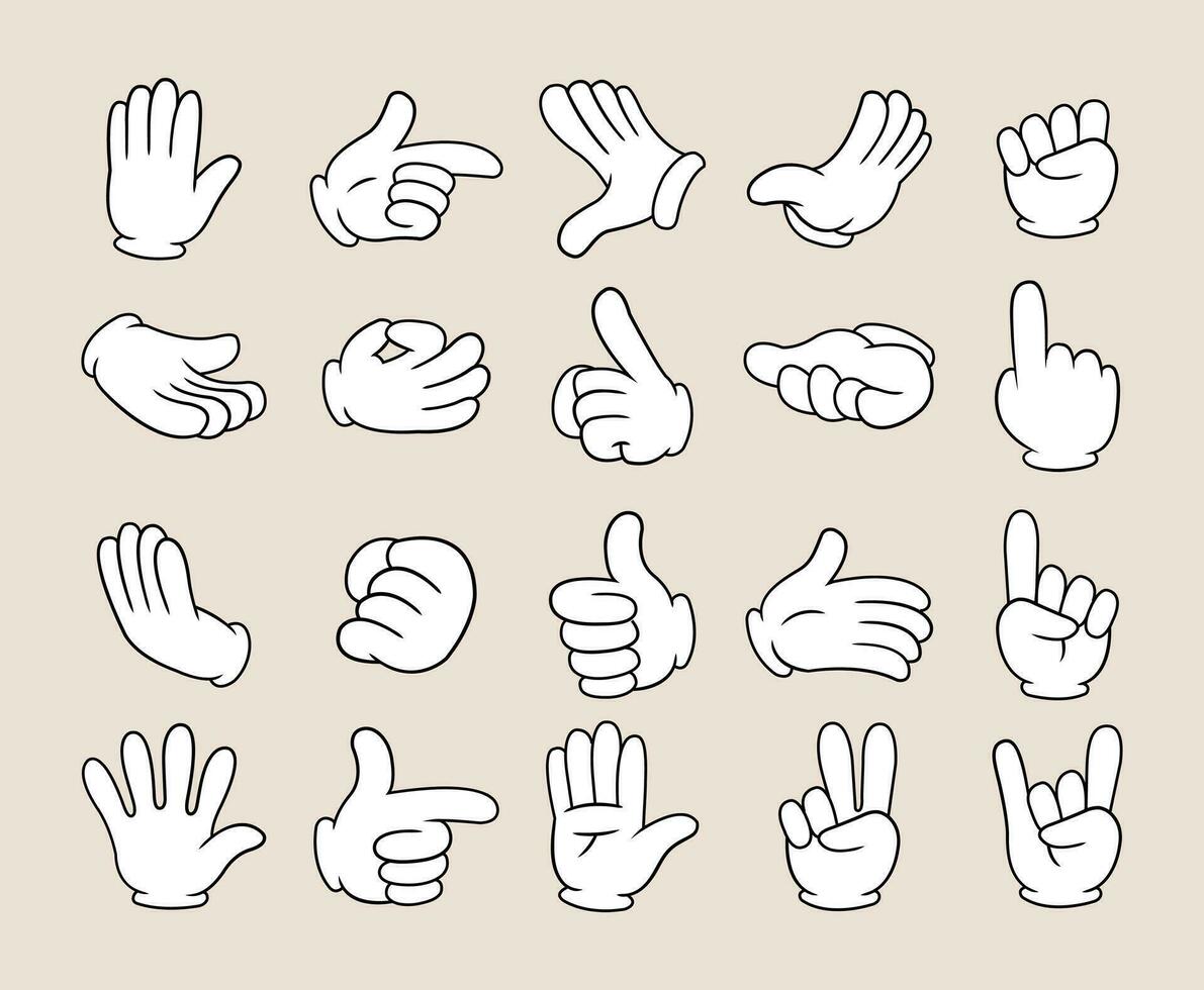 set of cartoon groovy 70s element. collection of various hand expressions. hippie style illustration suitable for decorative purposes vector
