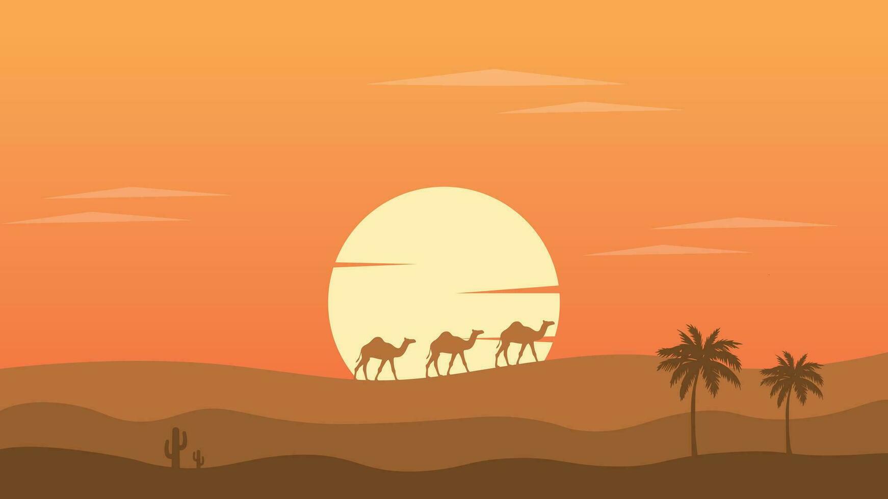 camellos y Dom en Desierto con puesta de sol fondo de pantalla para computadora vector