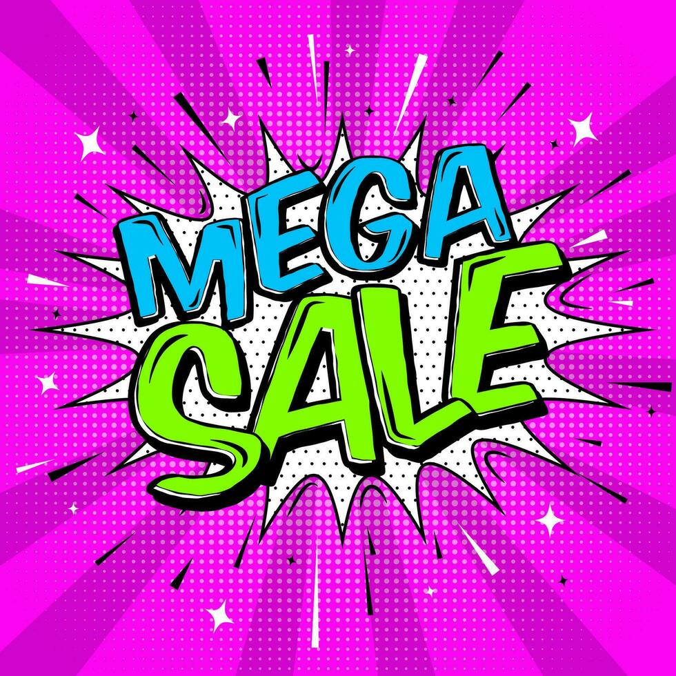 Mega sale banner Pop art burst trendy background comic style template design. Speech bubble  sound halftone and beams with expressive Mega Sale text, stars, sparks and Lines on bright pink background vector