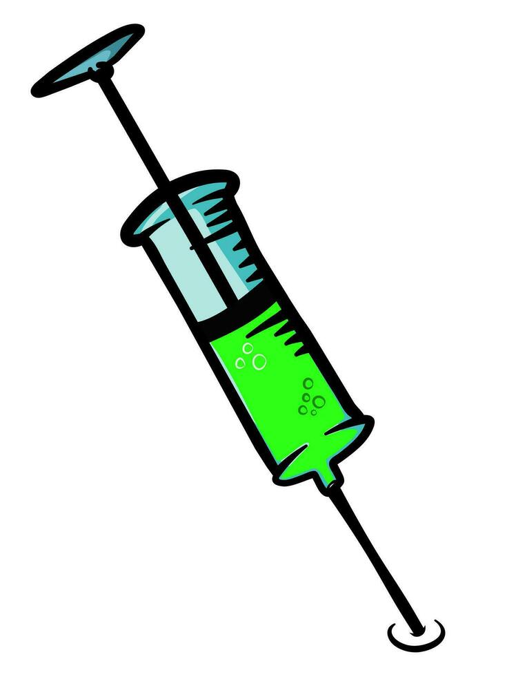 Cute colorful Doodle syringe with medicine, hand drawn.Green liquid. Inserted syringe. Vector illustration for medical or humor articles.