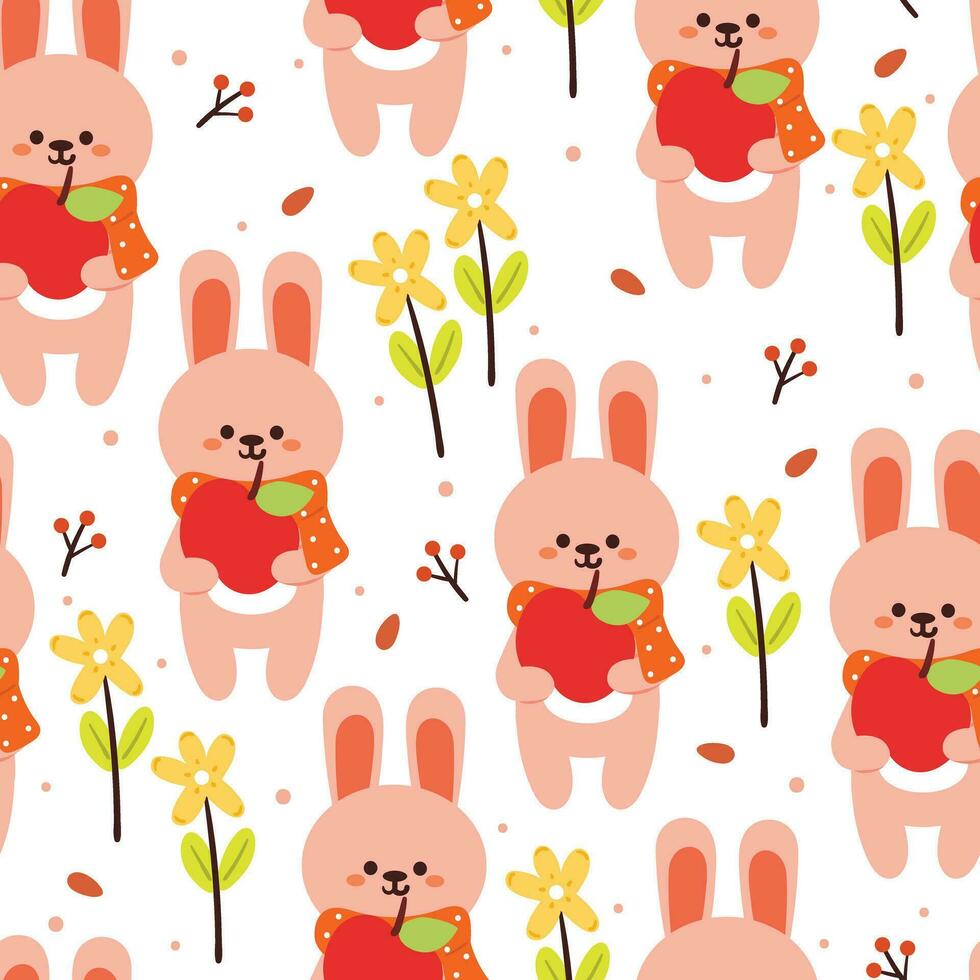 sin costura modelo dibujos animados conejito participación un manzana con hojas, flor y otoño vibraciones elemento. linda otoño fondo de pantalla para día festivo. diseño para tela, plano diseño, regalo envolver papel vector