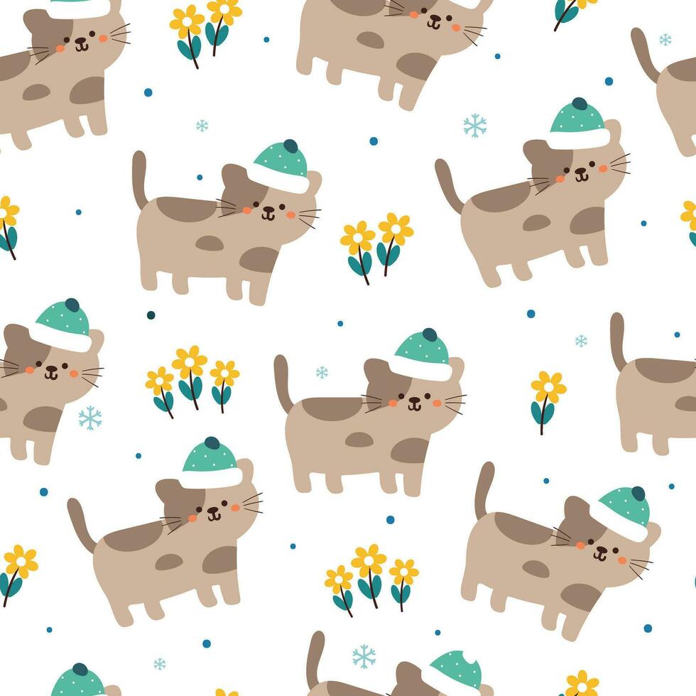 flor y gato de dibujos animados de patrones sin fisuras. lindo papel tapiz animal para textiles, papel de regalo vector