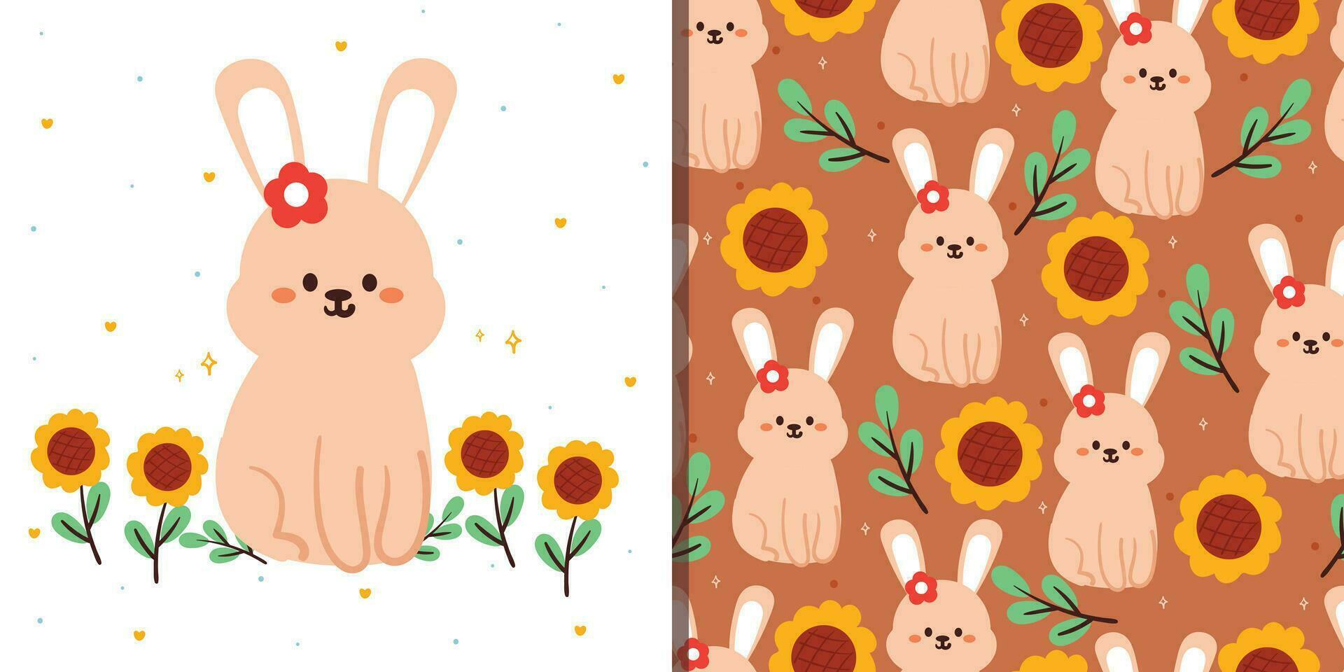 sin costura modelo y tarjeta dibujos animados conejito y flor. linda animal fondo de pantalla y modelo para textil, regalo envolver papel vector