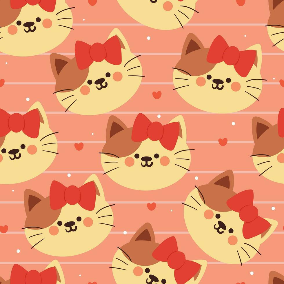 seamless pattern cartoon cat with red ribbon. cute animal wallpaper for textile, gift wrap paper vector