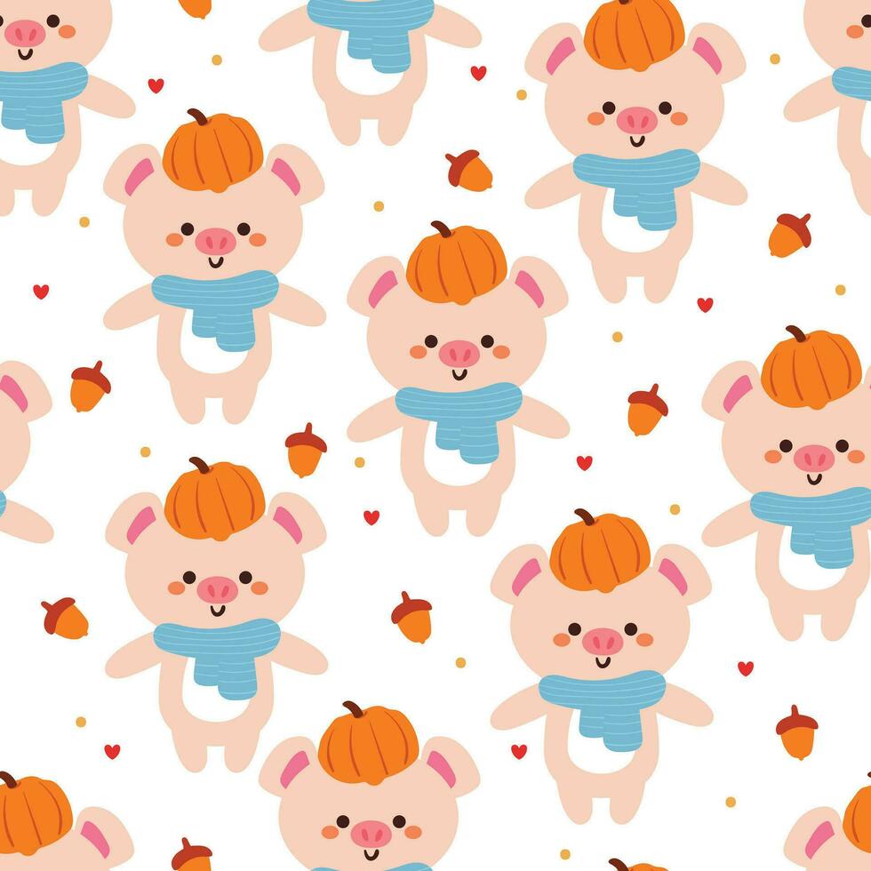 seamless pattern cartoon pig, pumpkin and autumn vibes element. cute autumn wallpaper for holiday. design for fabric, flat design, gift wrap paper vector