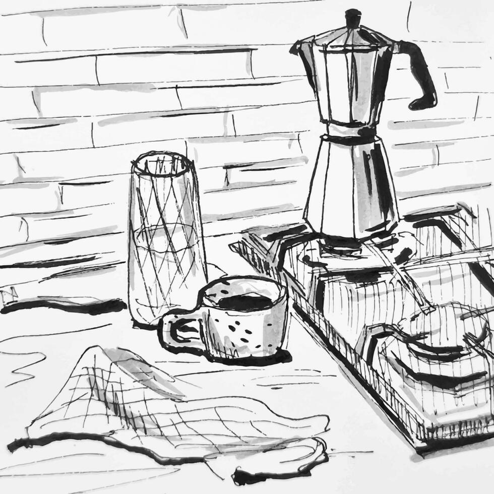 Sketch kitchen in the morning geyser coffee maker and cup of coffee hand drawn illustration vector