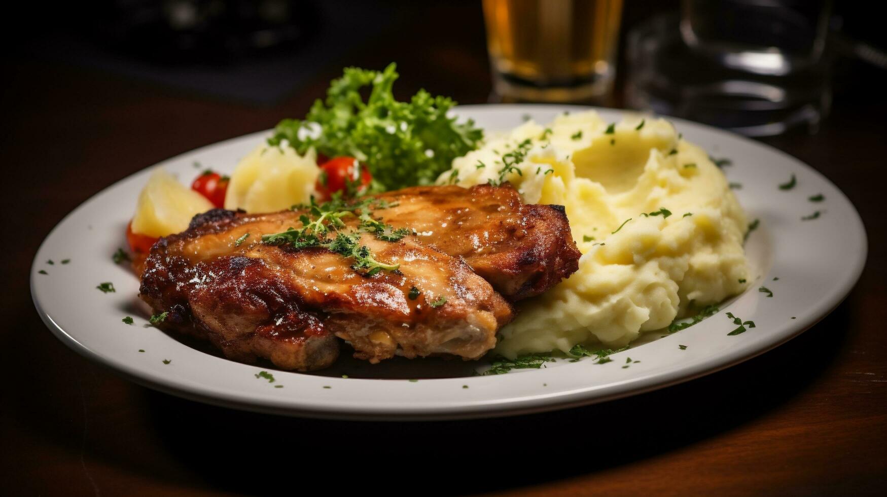 Grilled pork chops with mashed potatoes on a plate in a restaurant. AI Generative photo