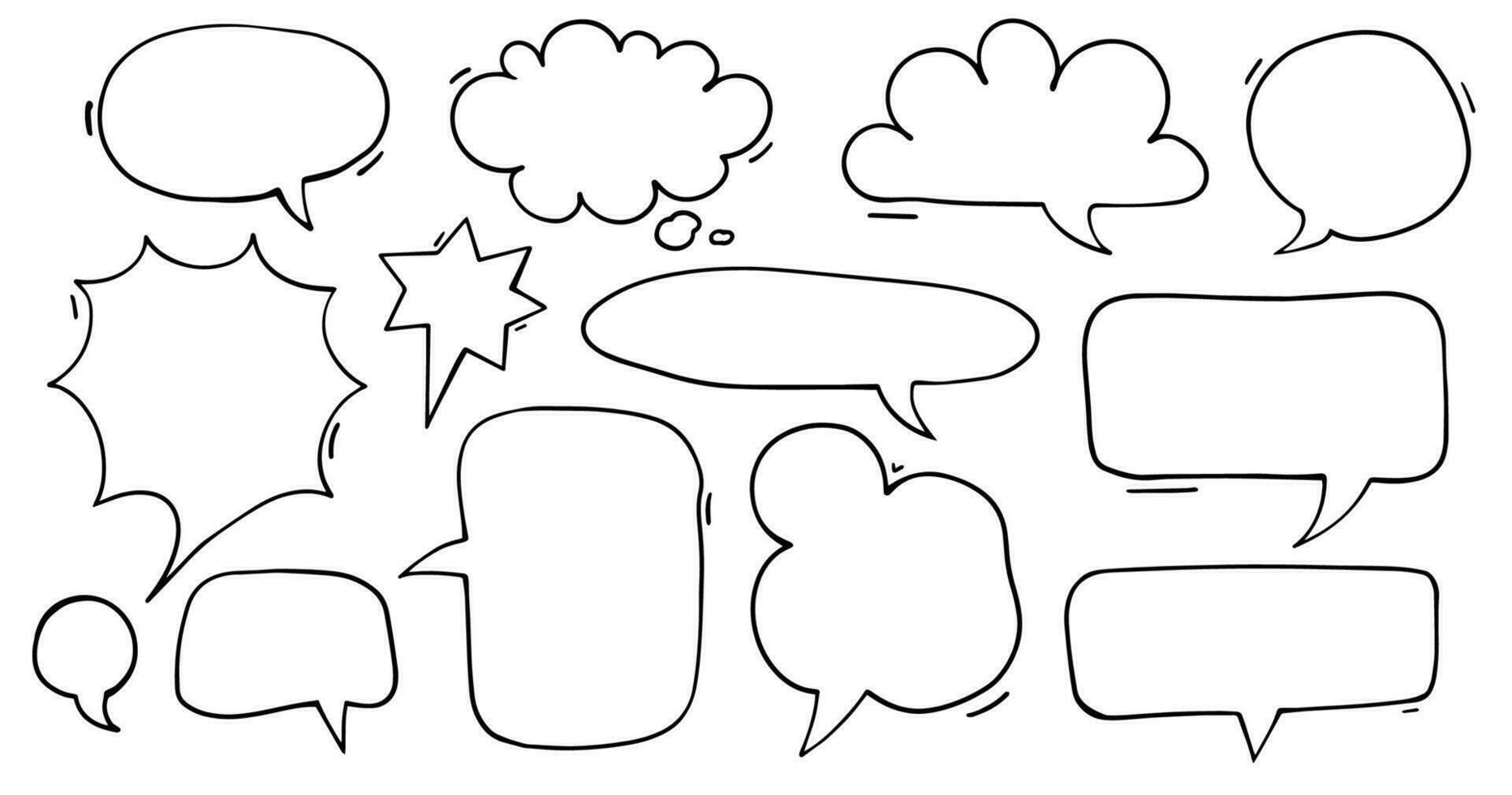 Doodle hand drawn speech bubbles different shapes. Cute sketch style pen line of chat clouds. Dialogue, discussion, message, thoughts comic sketch vector