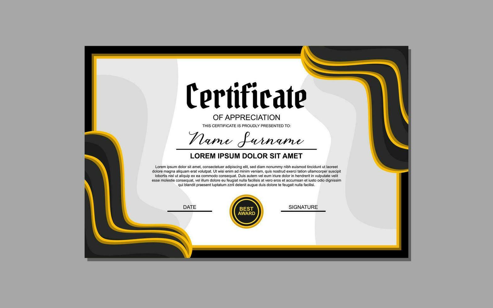 A certificate template featuring an elegant gold and black design. Suitable for creating professional certificates for awards, achievements, and recognition in various industries. vector