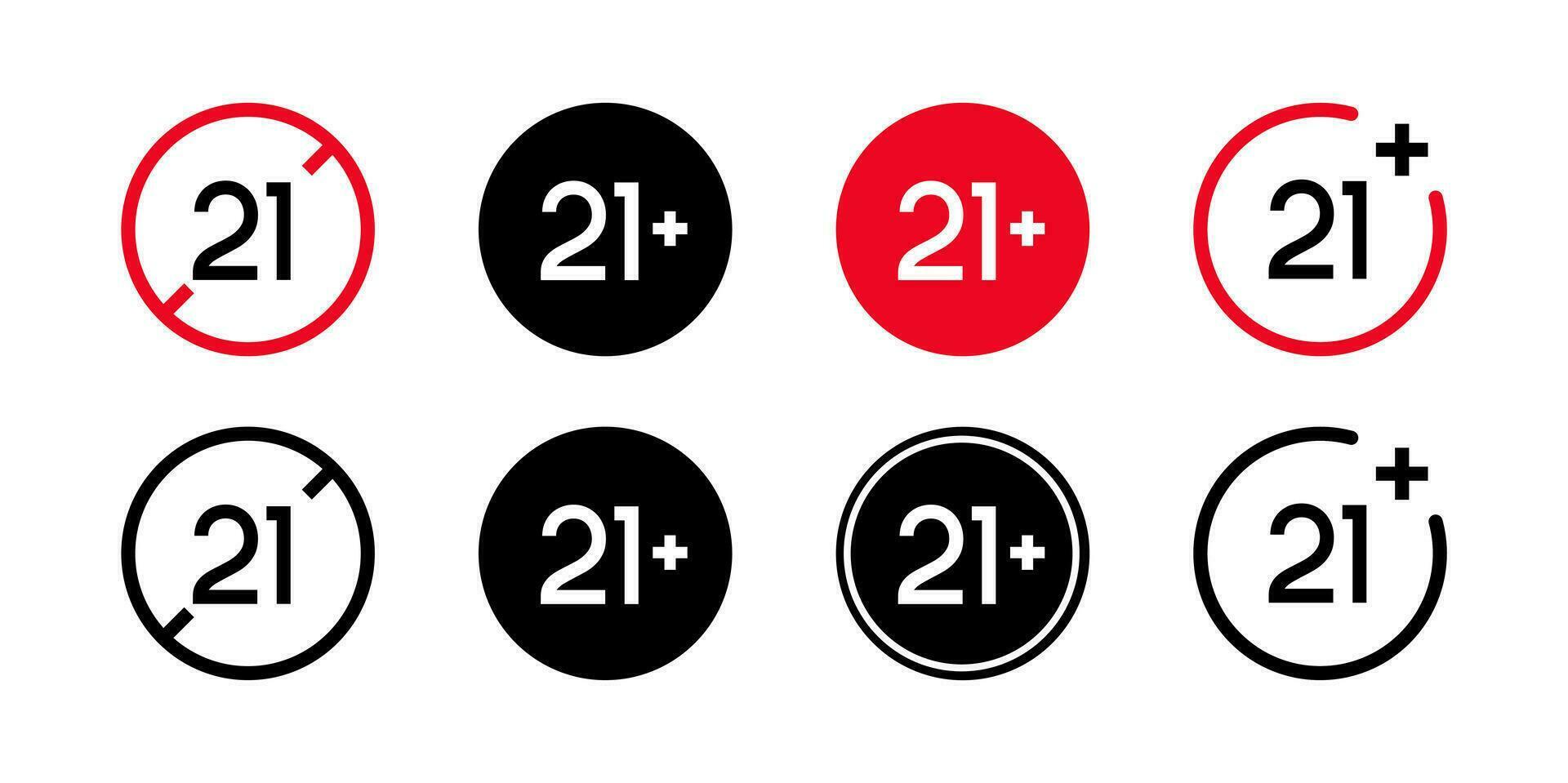 Warnings under 21, red black white badges. Adult content age only icon.Set of age restriction signs. Mark the age limit. illustration vector