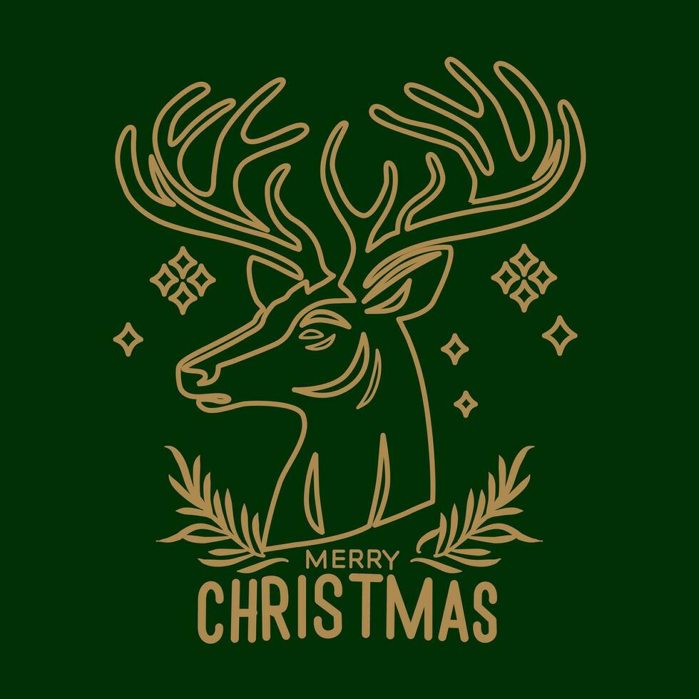 Christmas reindeer card template with Merry Christmas text on green background. vector illustration. editable stroke.